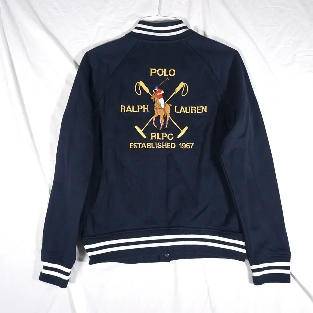 Polo Ralph Lauren Varsity Baseball Jacket Snap Button Navy Blue White Mens Small